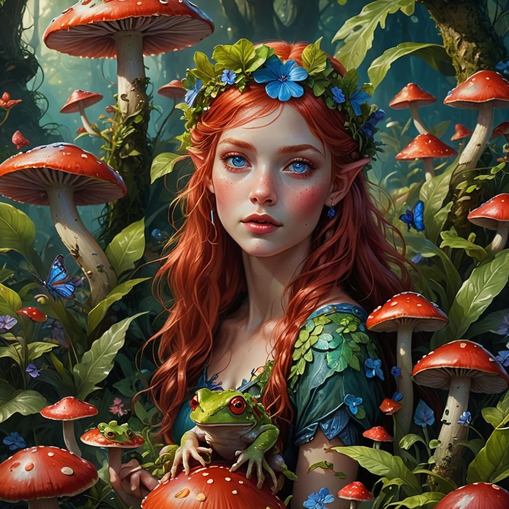 Red-Haired Fairy on Mushroom, Fantasy Concept Art