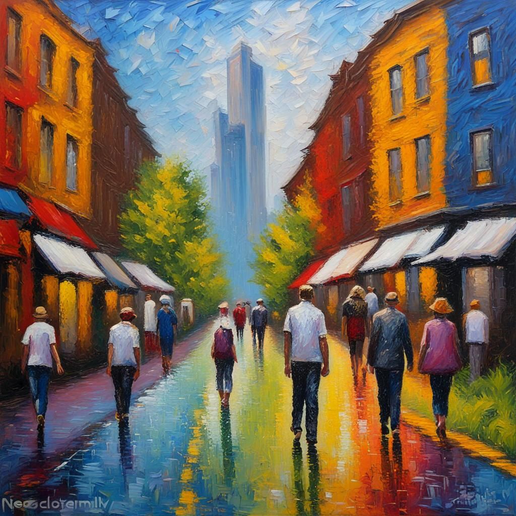 City Walk: Neo-Impressionist Expressionist Oil Painting