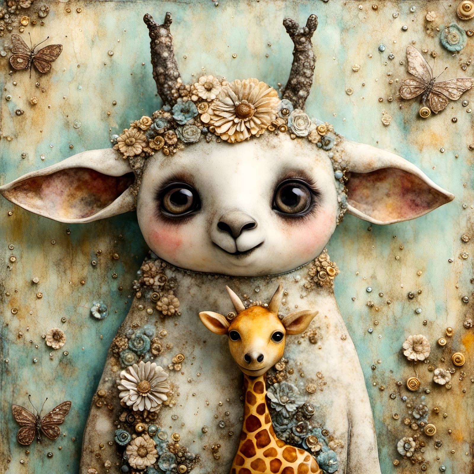 Whimsical Creature Portrait in Encaustic Mixed Media