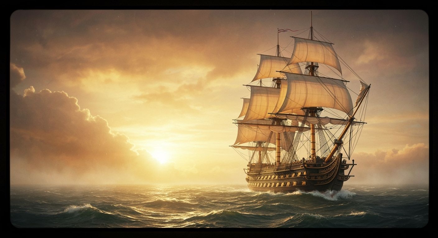 HMS Victory Sailing at Sunset, Dramatic Oil Painting