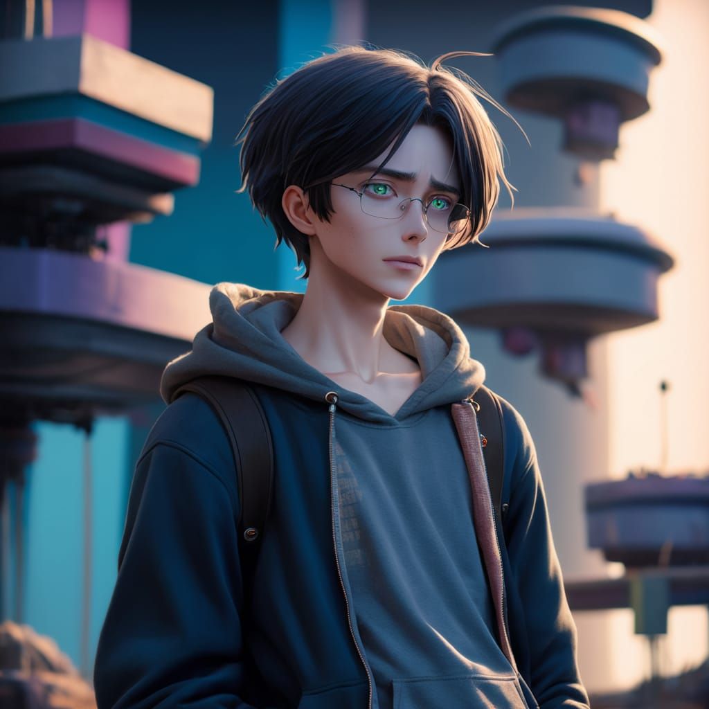 Anime Young Man in Futuristic Cityscape