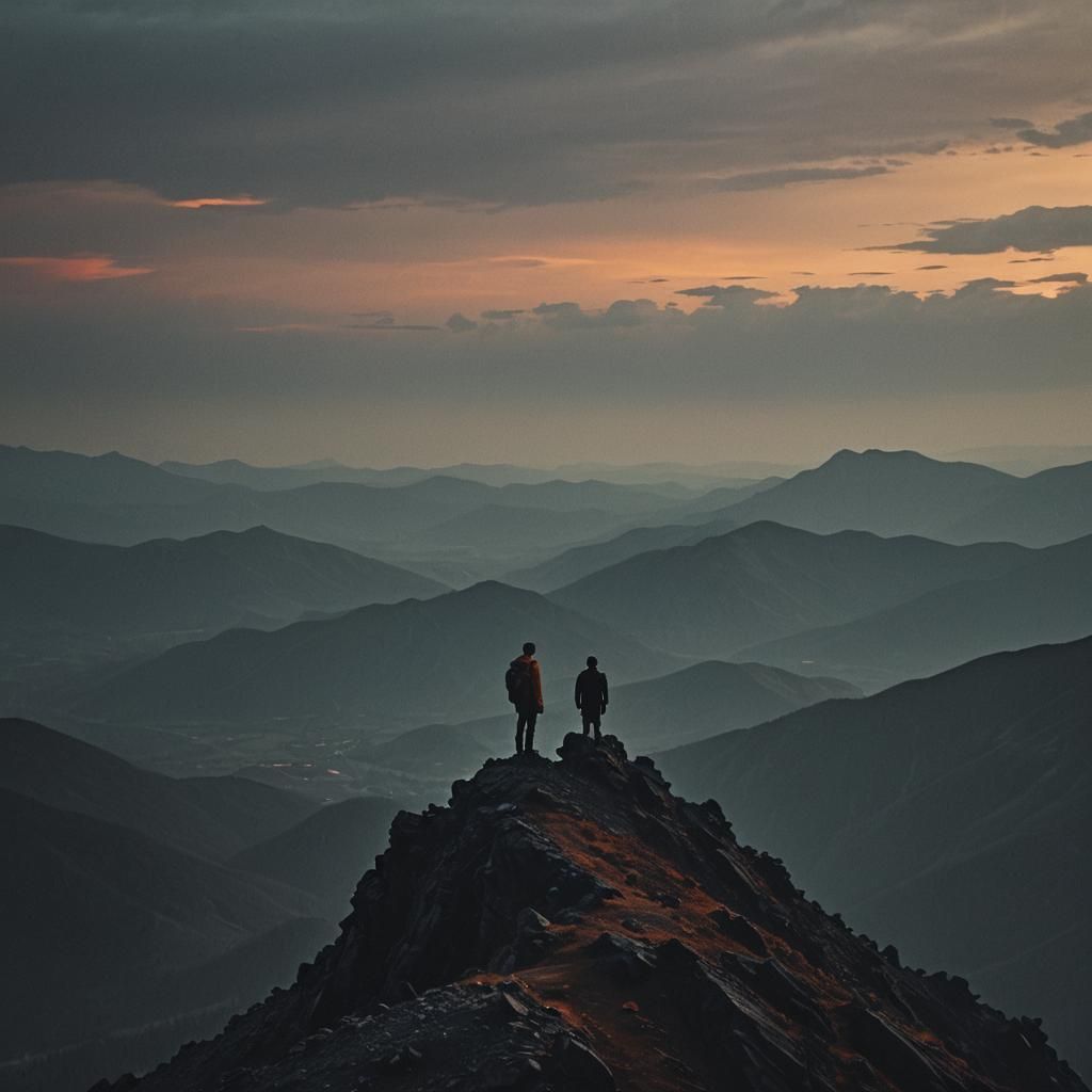 Lone Figure on Mountain Peak: Cinematic Film Still
