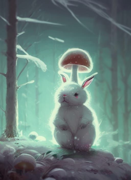 Baby Bunny on Glowing Mushroom in Winter Forest