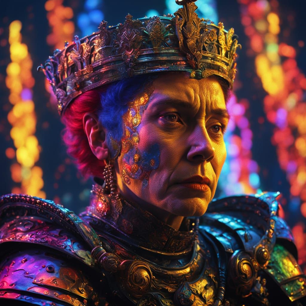 Queen Hugs Rubbish in Dramatic Dark Fantasy Oil Painting