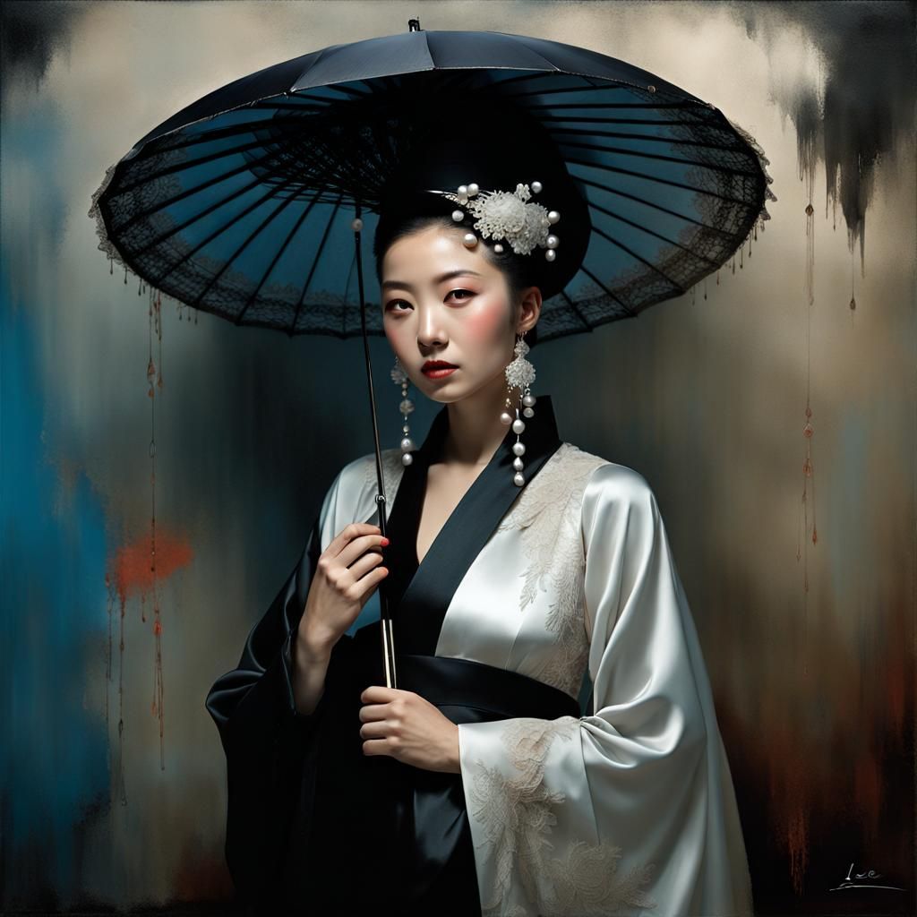 Chinese Woman Portrait with Coral and Azure Accents