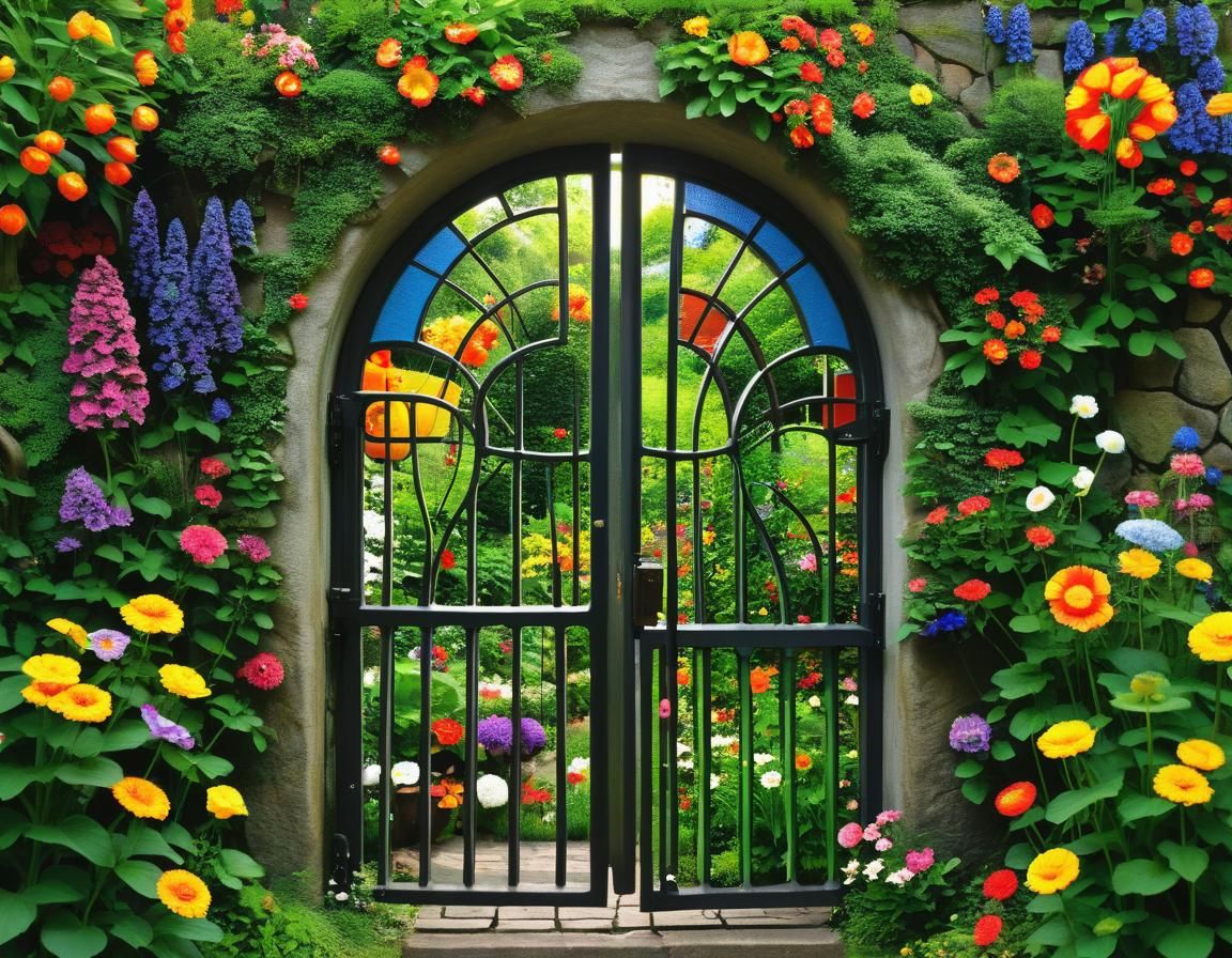 Blooming Garden Through Gate, Hundertwasser and Millot Style