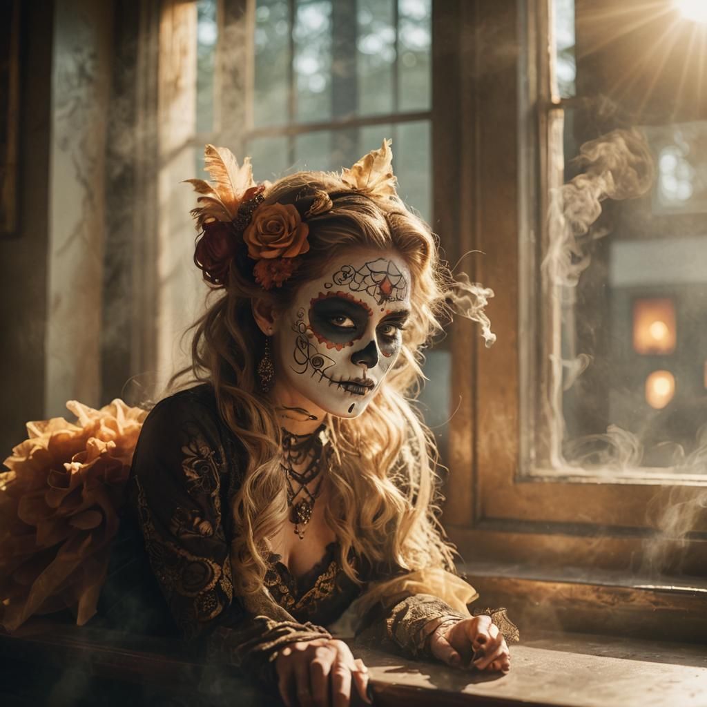 Sugar Skull Makeup Portrait in Film Noir Style