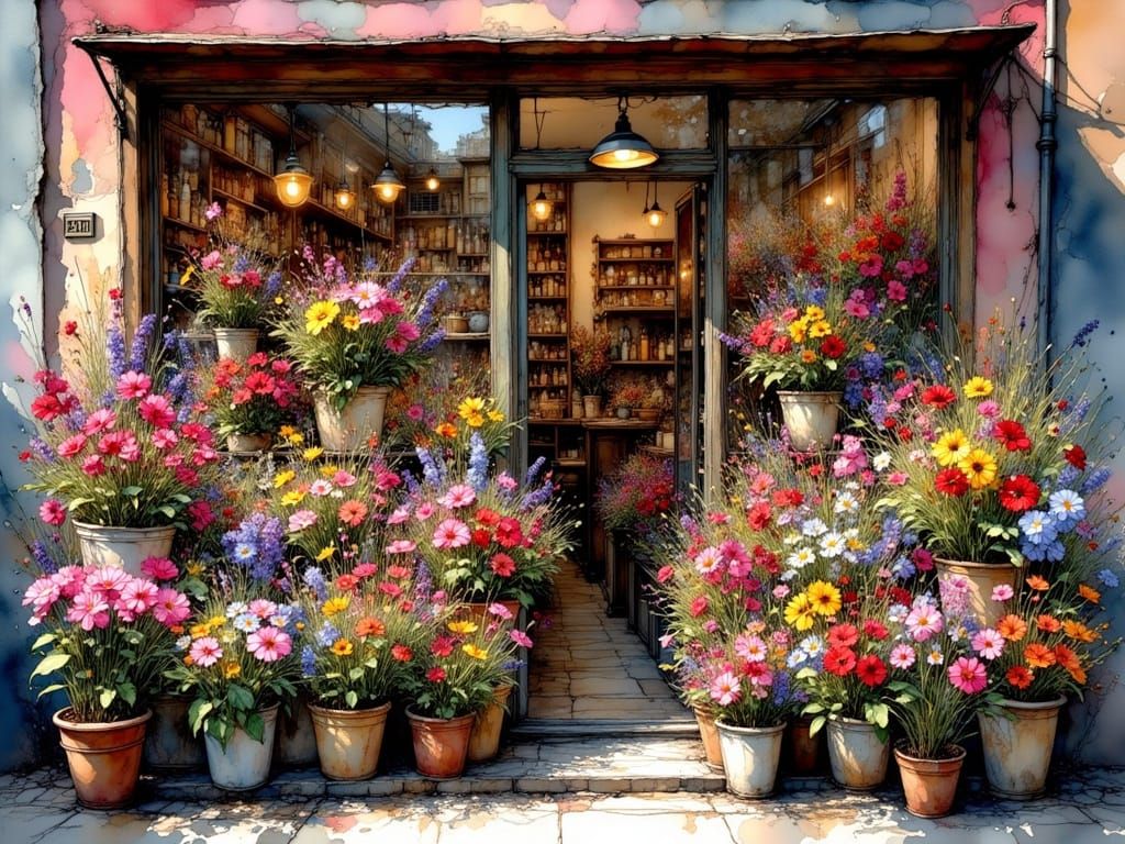 Sunny Florist Shop with Vibrant Flower Bouquets