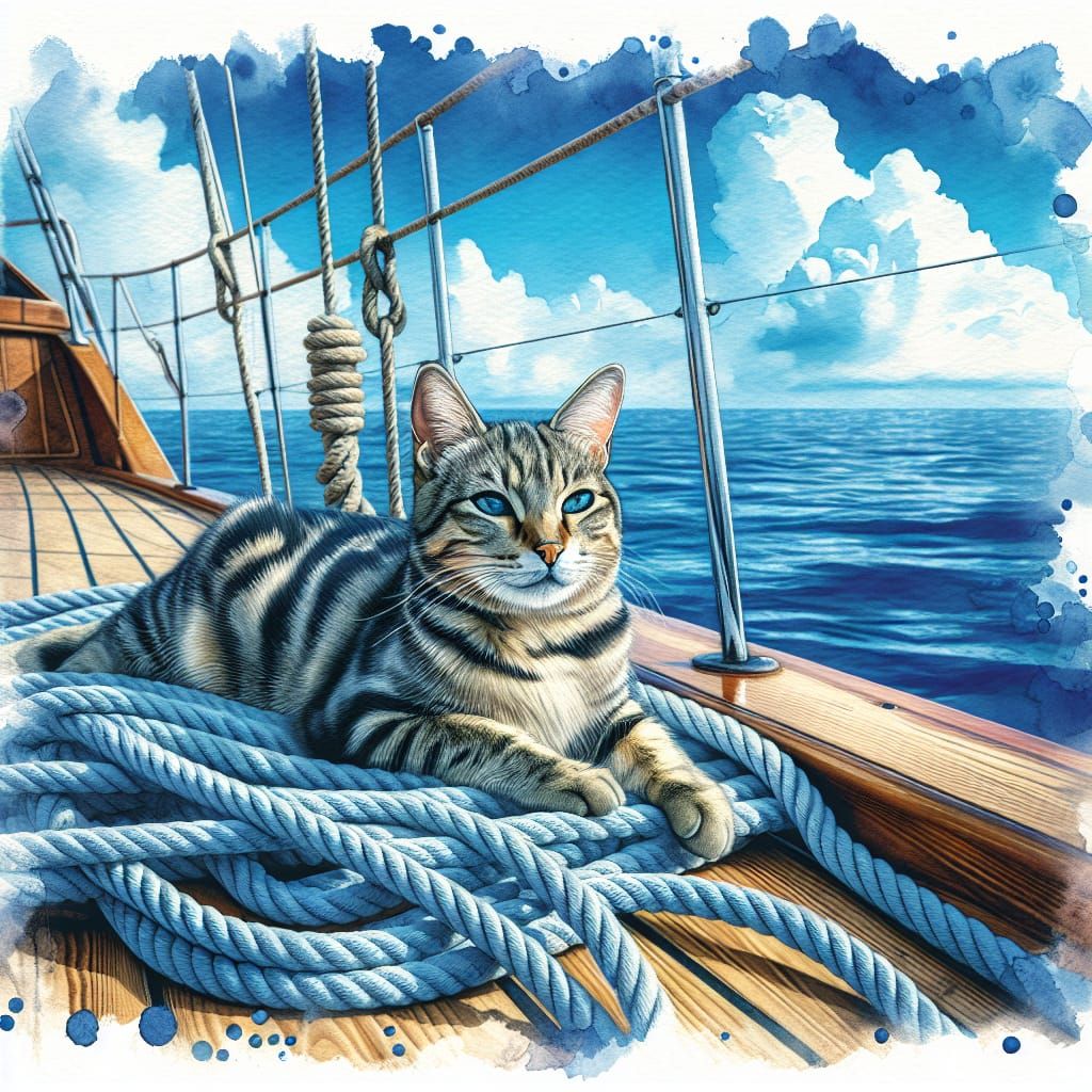 Tabby Cat Relaxing on Boat Deck in Watercolor