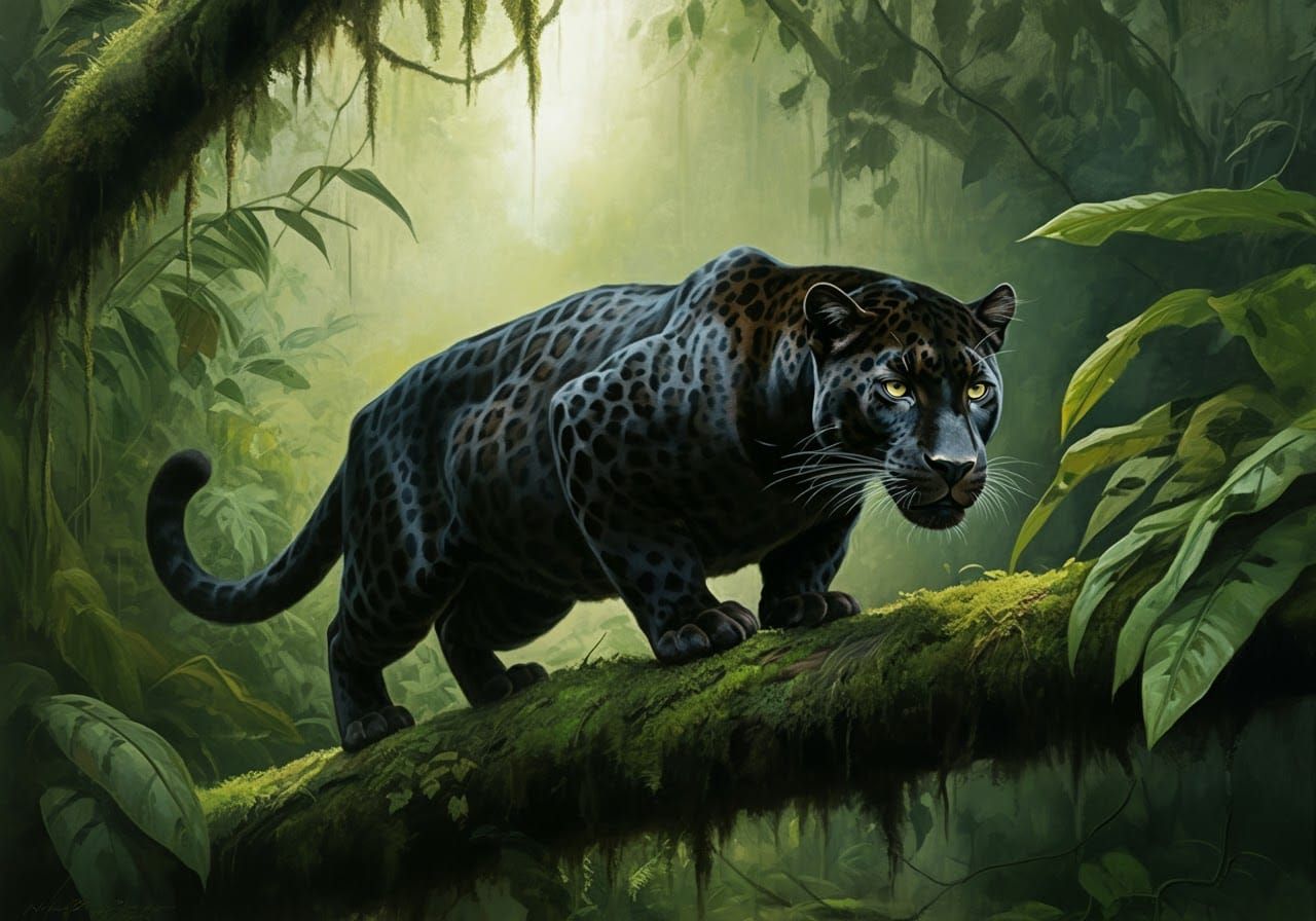 Black Panther in Jungle, Realistic Painting