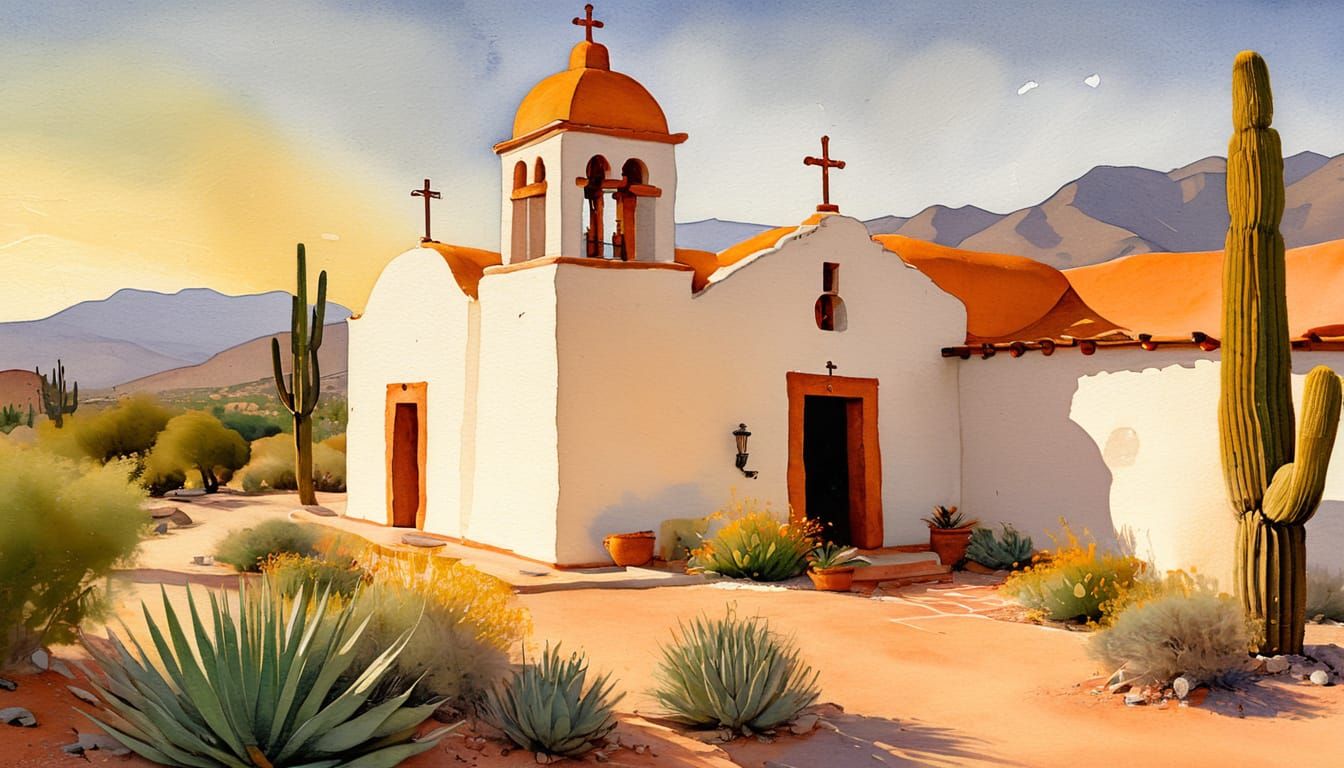 Mexican Church in Desert Landscape, Impressionist Watercolor