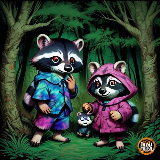 Tie-Dye Raccoon in Forest, Comic Book Art