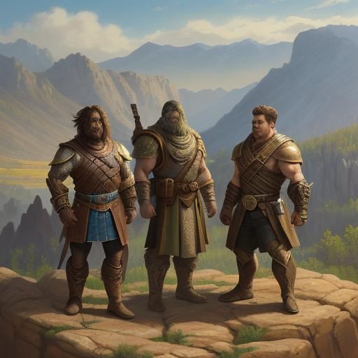 Heroic Little People in Mountain Landscape Oil Painting