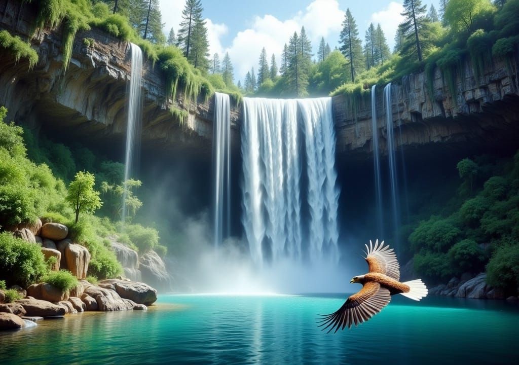 Majestic Waterfall Scene with Golden Eagle