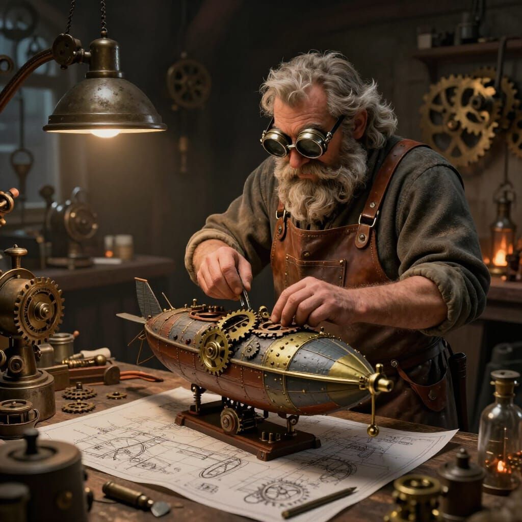 Steampunk Dwarf Craftsman Building Model Airship