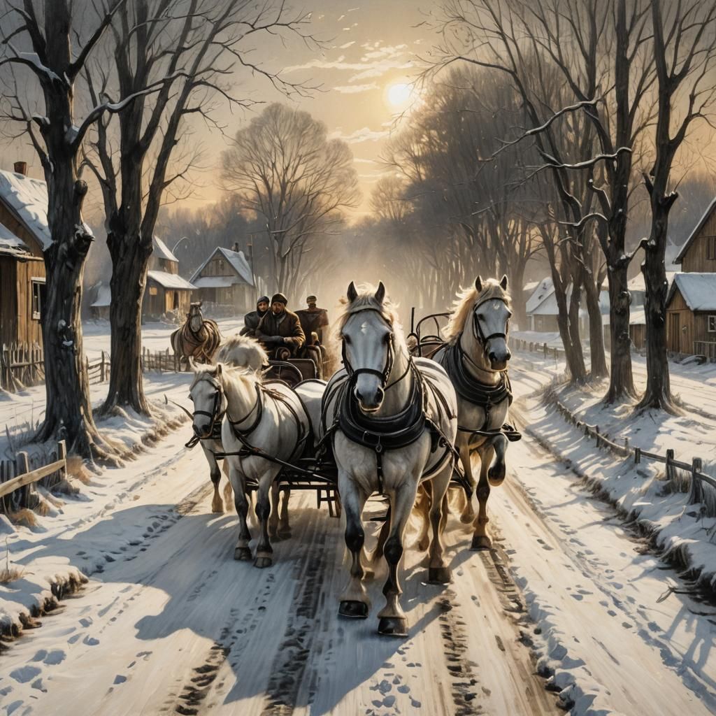 Troika in Winter Landscape Charcoal Drawing