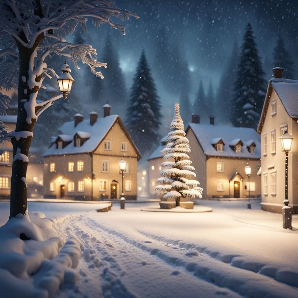Enchanted Snowy Village at Dusk