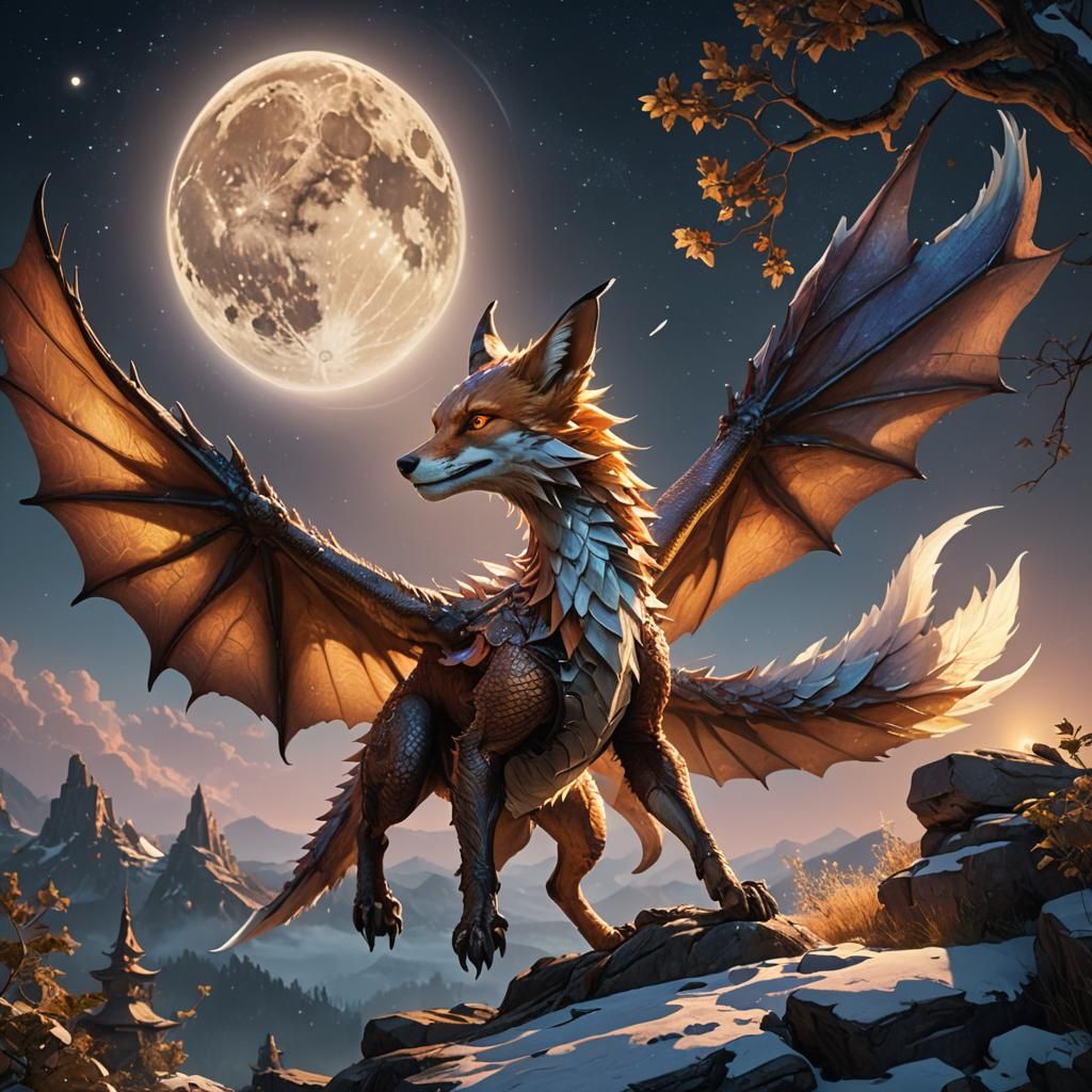 Dragon Fox Gazing at Moon, Art Deco Style