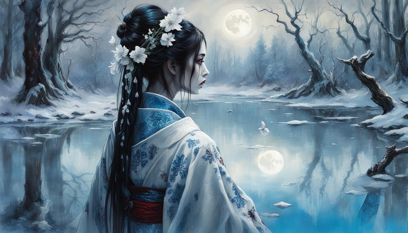Yuki-Onna Reflects in Frozen Lake: Detailed Fantasy Art