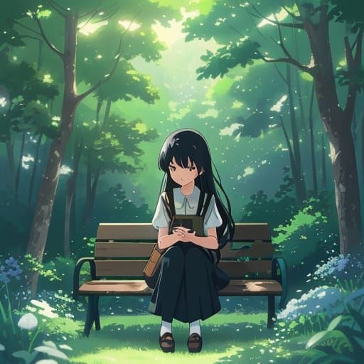 Anime-Inspired Concept Art of a Girl in a Serene Park Settin...