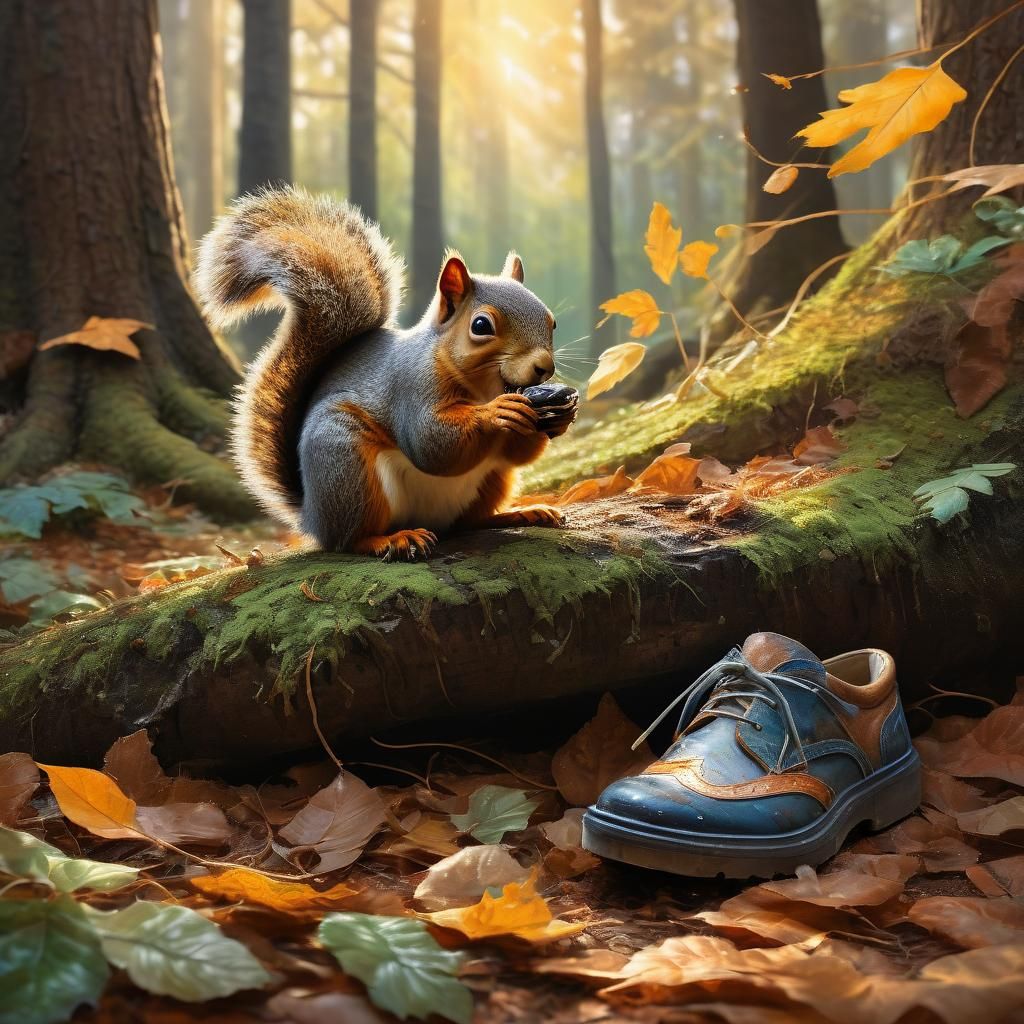 Squirrel in Shoe: Impressionist Gouache Masterpiece