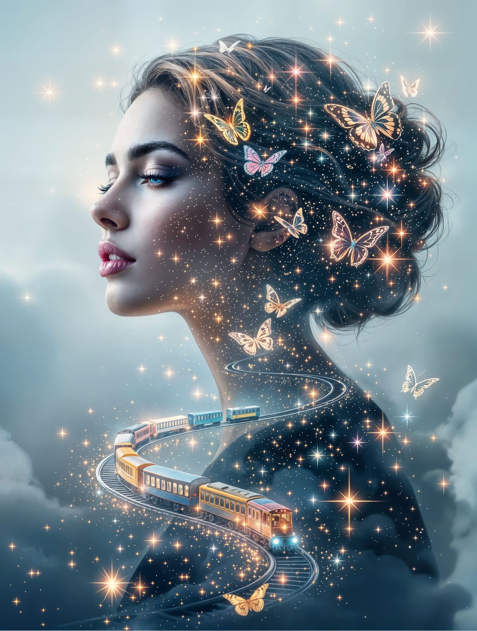 Dreamlike Portrait with Whimsical Elements and Starry Hair