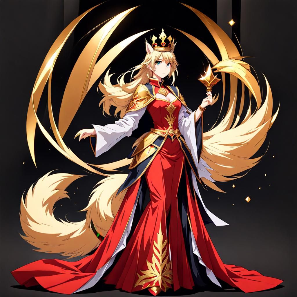 Anime Queen with Wolf Features in Red Dress