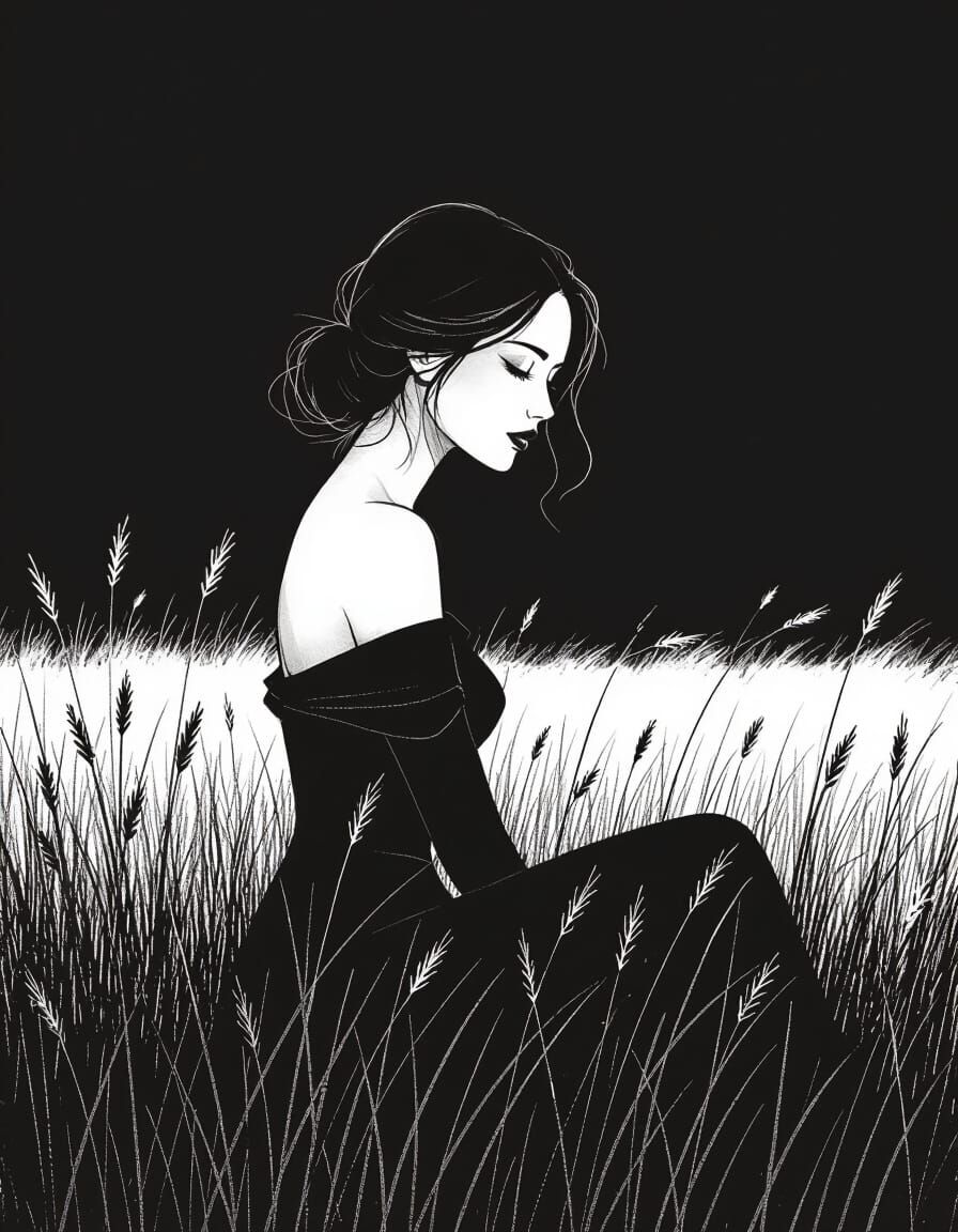 Woman Silhouette in Dark Field, Expressive Drawing Style