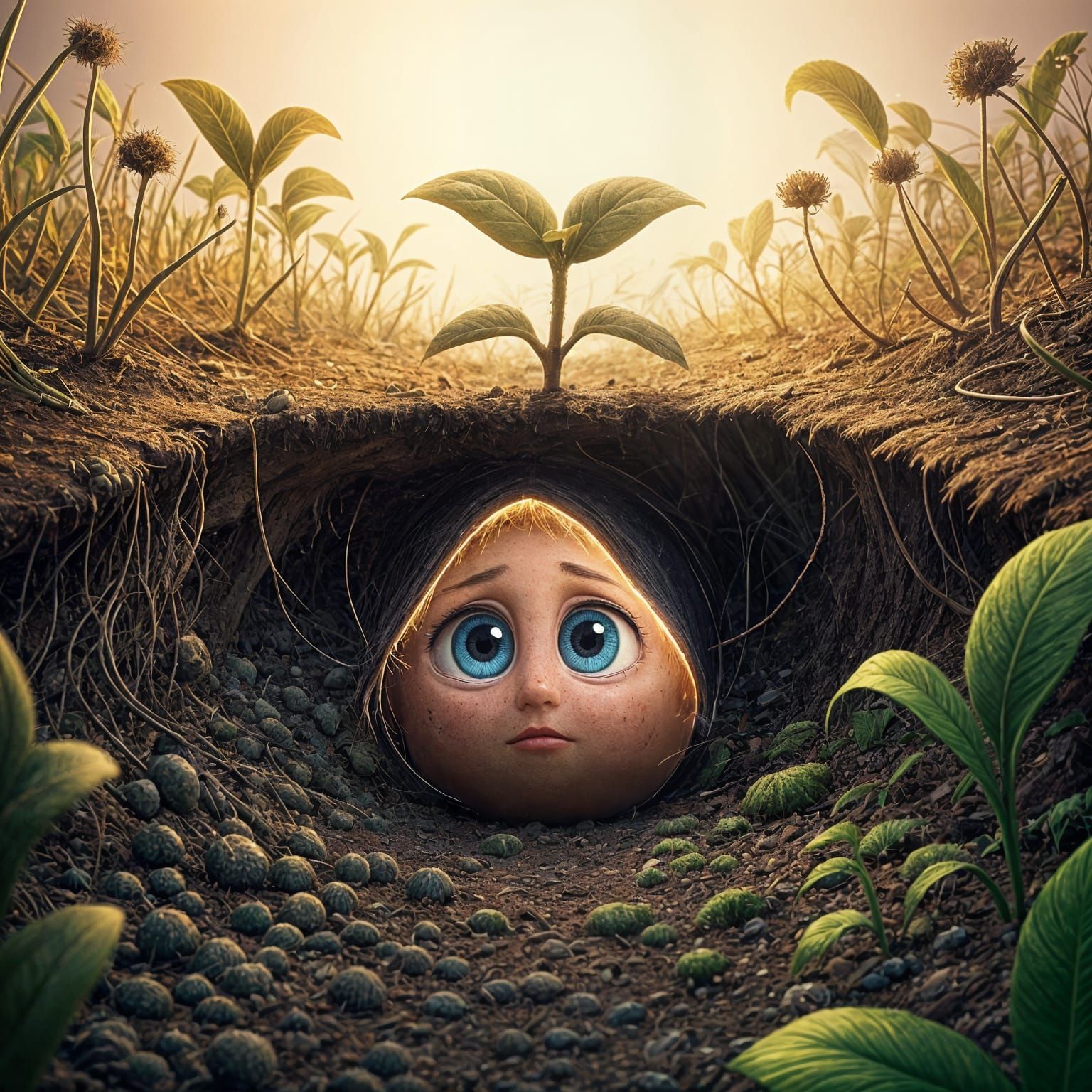 Drought and Serenity: A Pixar-Style Cartoon Landscape