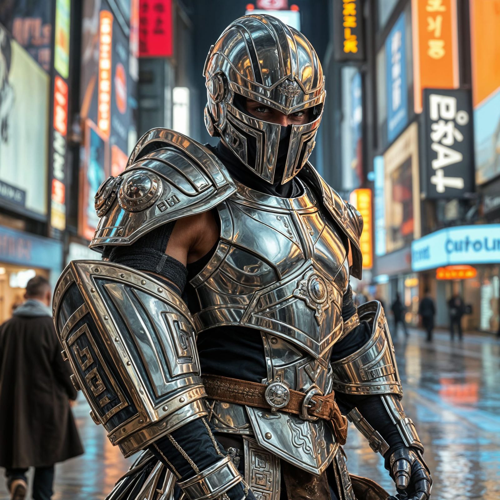 Warrior in Chrome Armor Unites Ancient and Futuristic Styles