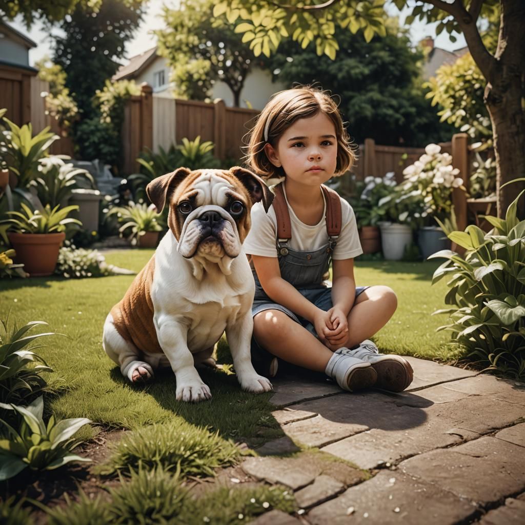 Pixar-Style Girl and Bulldog in Garden