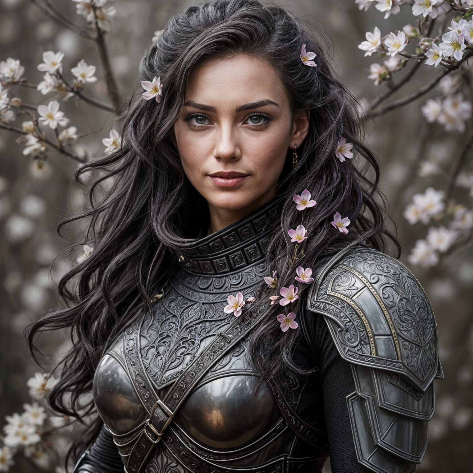 Hyperrealistic Woman in Latex Armor with Blossoms