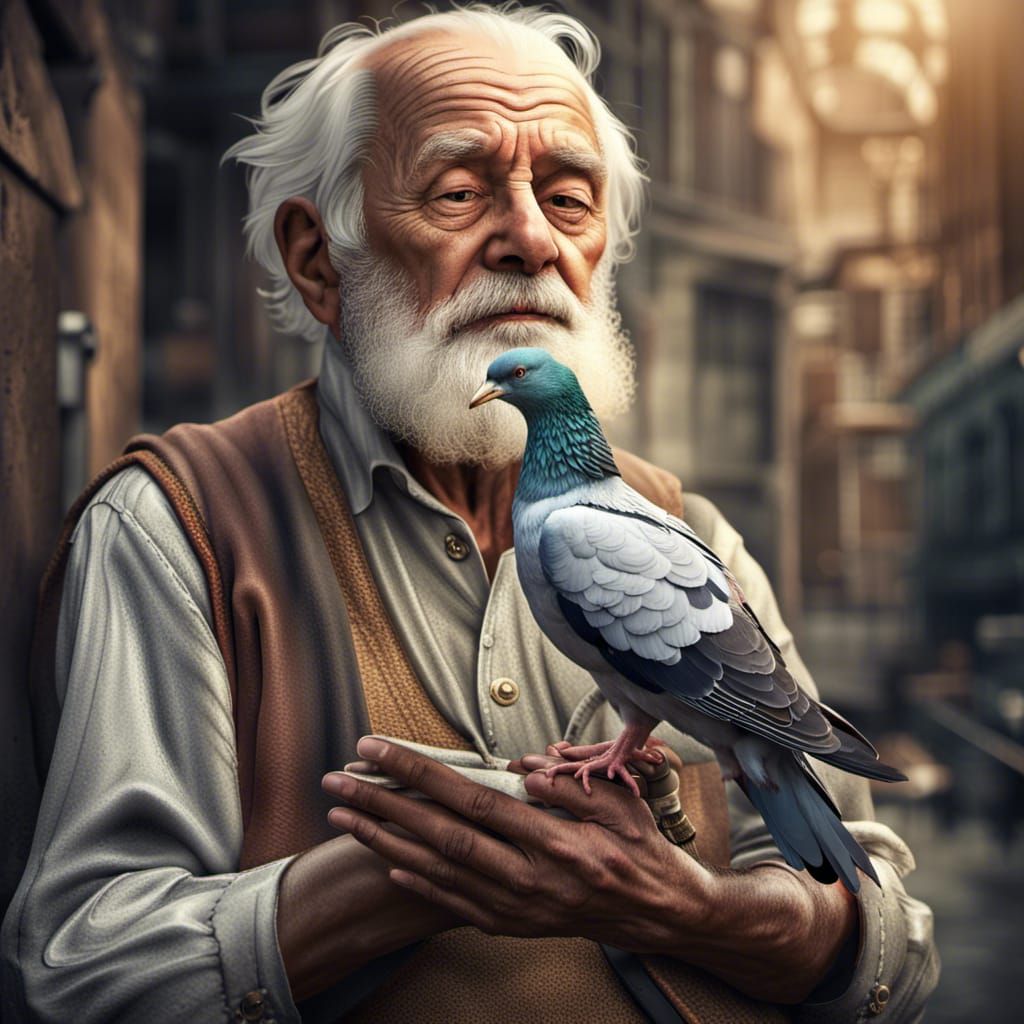 Tender Moment: Man and Carrier Pigeon in Hyperrealism