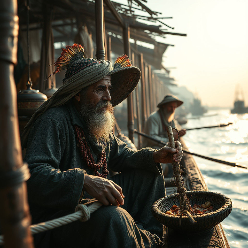 Ancient Fisherman Enjoying the Sun: Hyperrealistic Image
