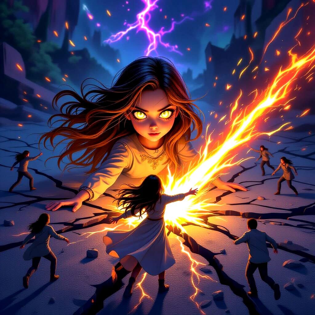 Girl's Fiery Gaze Splits Ground, Unleashing Chaos