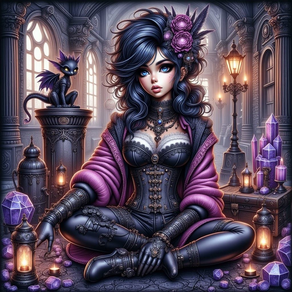 Steampunk Punk Girl Surrounded by Ancient Crystals in a Goth...