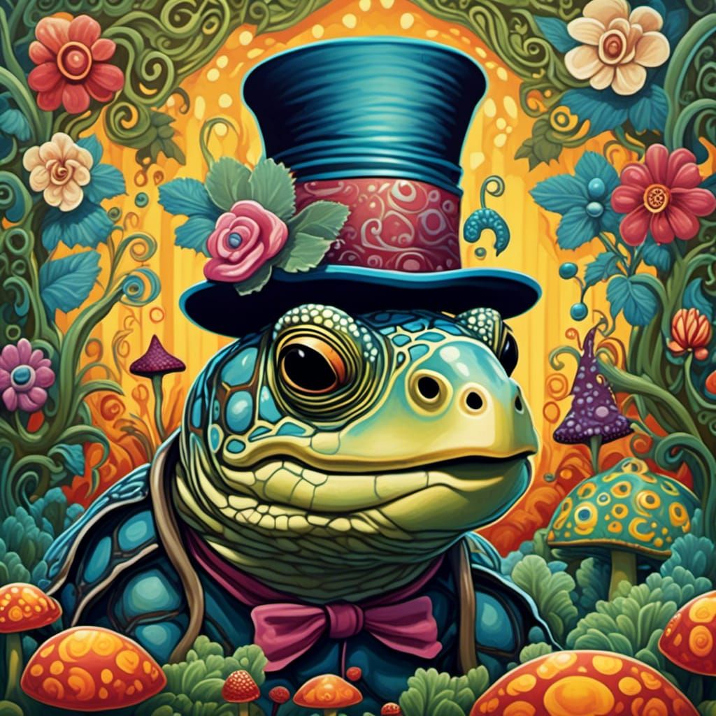 Whimsical Tortoise in Surrealist Alice in Wonderland Garden