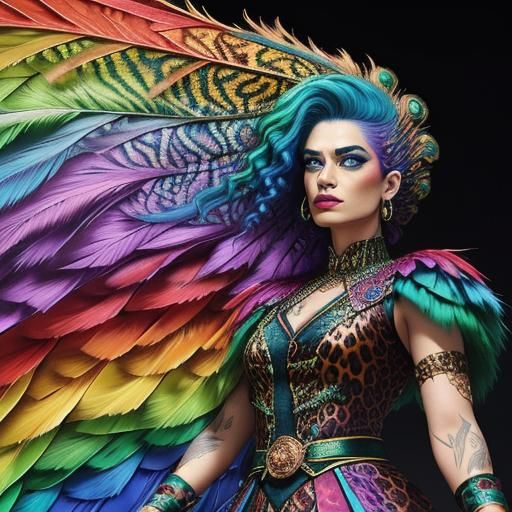 Woman with Rainbow Dragon Scales and Peacock Hair