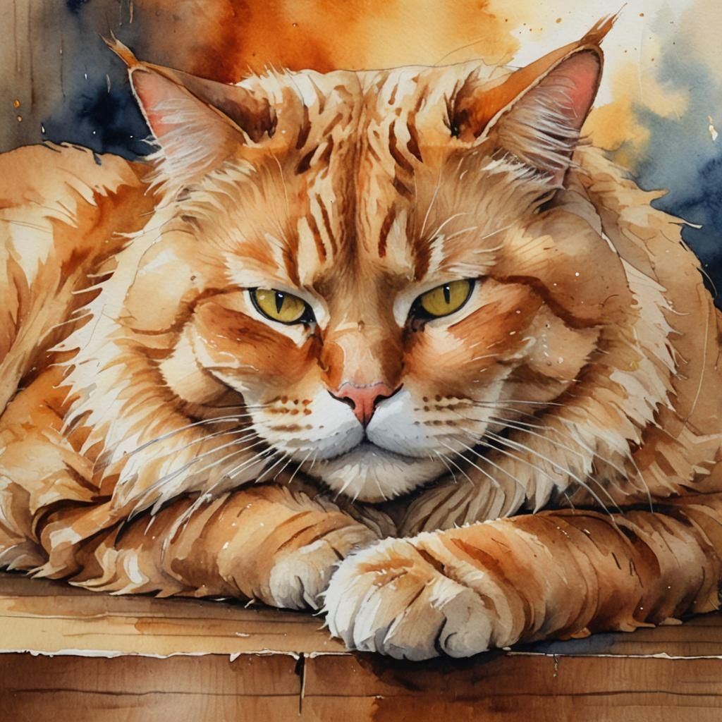 Watercolor Portrait of a Sleeping Orange Cat