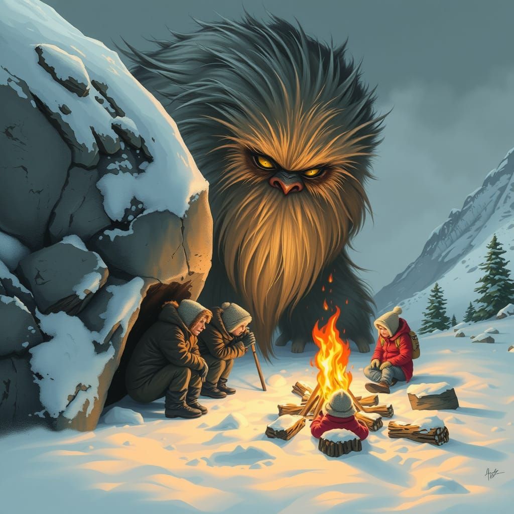 Mountain Monster Watches Winter Campers in Snowy Mountain Ra...