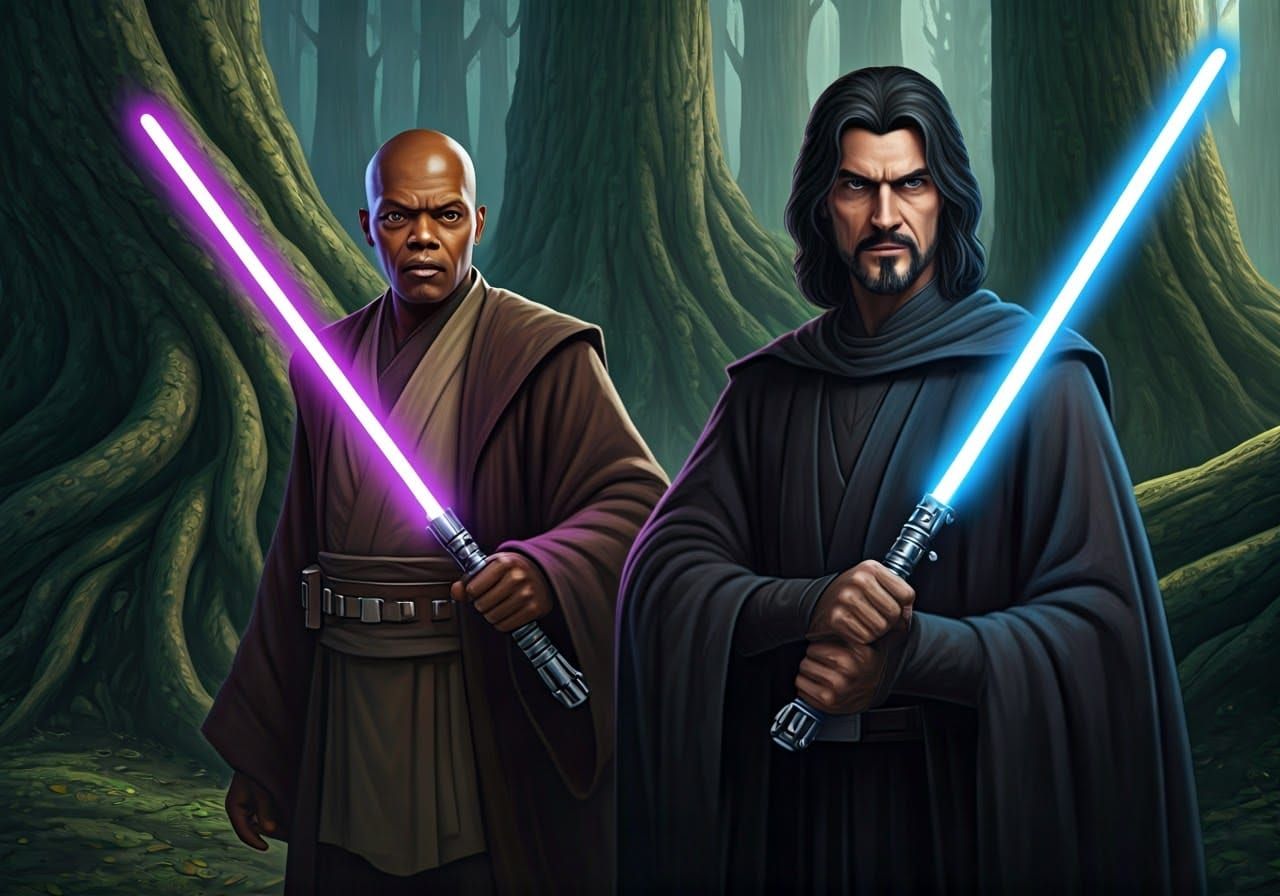 Mace Windu and Dooku Lightsaber Duel in Animated Style