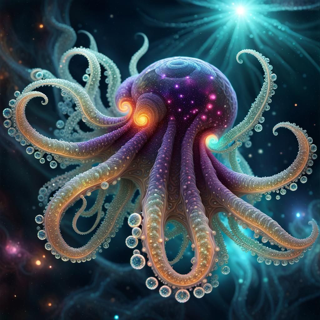 Surreal Kraken Swimming in Space with Fractal Details