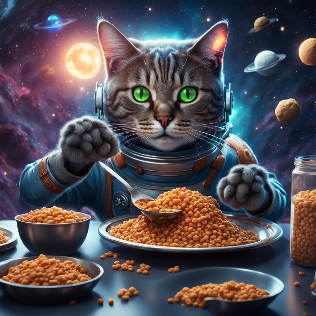 Happy Space Cat Eats Food in Detailed Painting