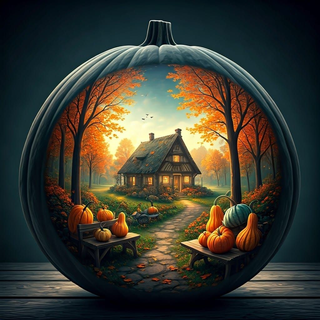 Autumn Scene Inside Gourd: Whimsical Utopian Vision