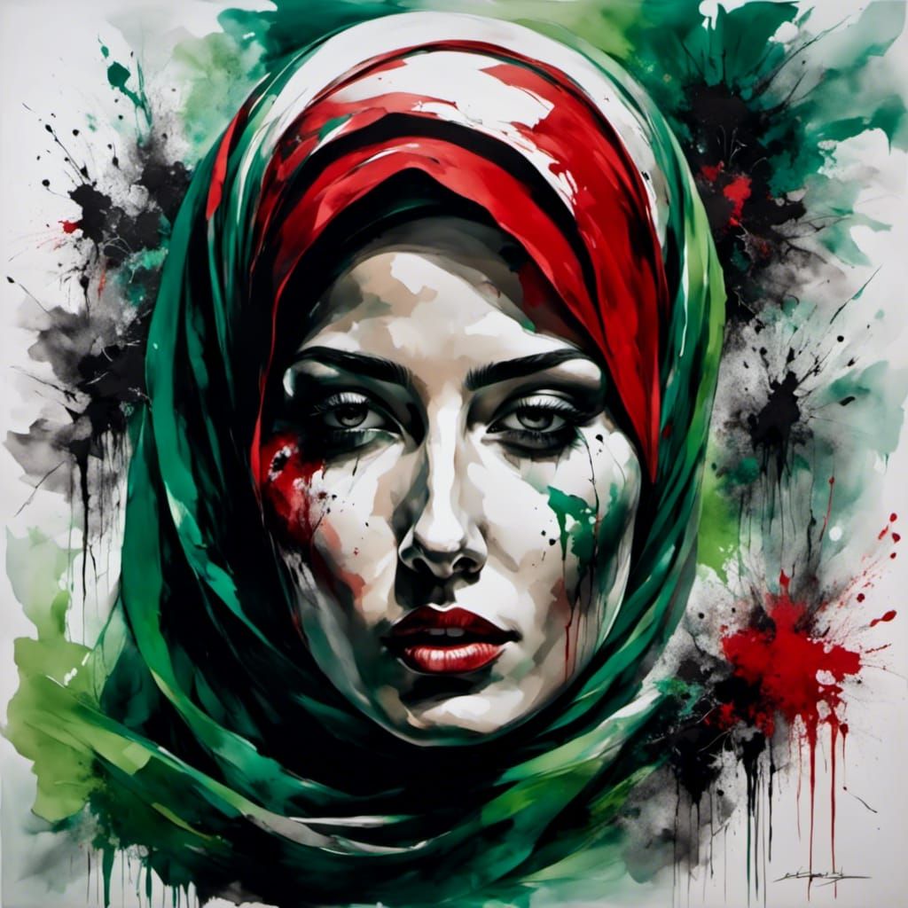 Palestinian Woman Portrait in Splash Art Style