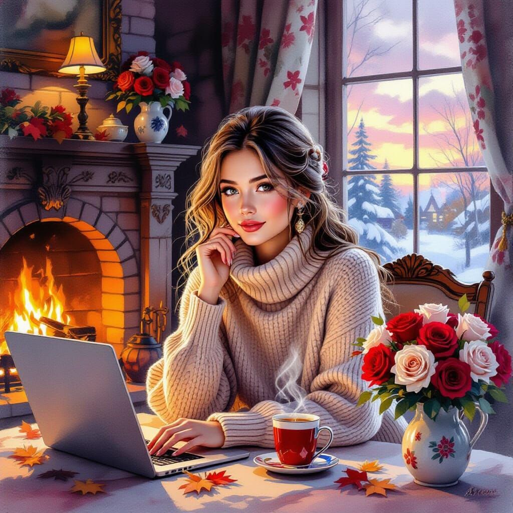 Cozy Autumn Evening: Woman at Laptop by Fireplace