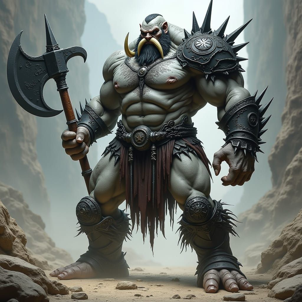 A massive half-orc with ashen gray skin, blackened tusks, and ritual scars carved into his arms. He wields a wicked grea...