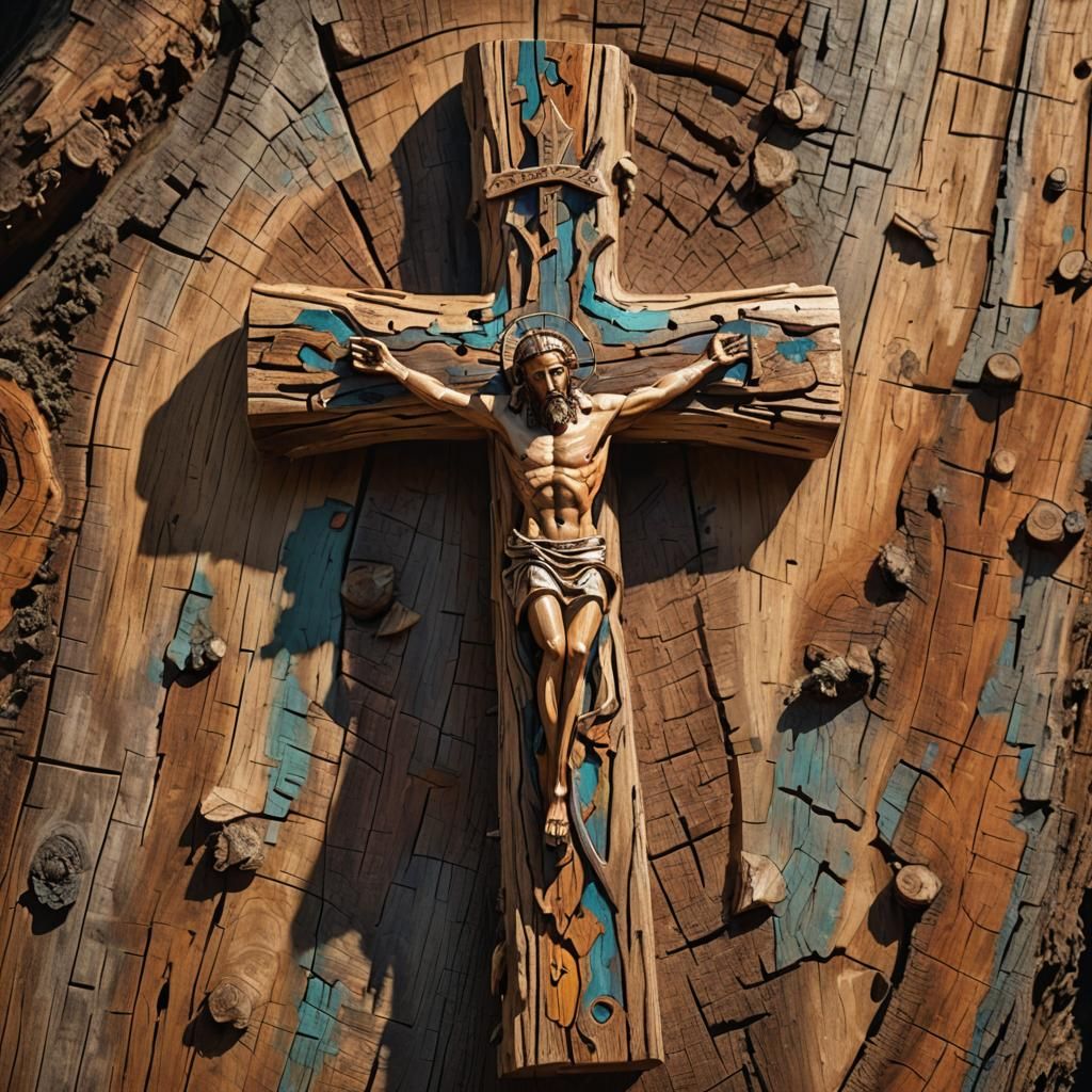 Wooden Cross Sculpture: Hyperrealistic Christian Faith Art