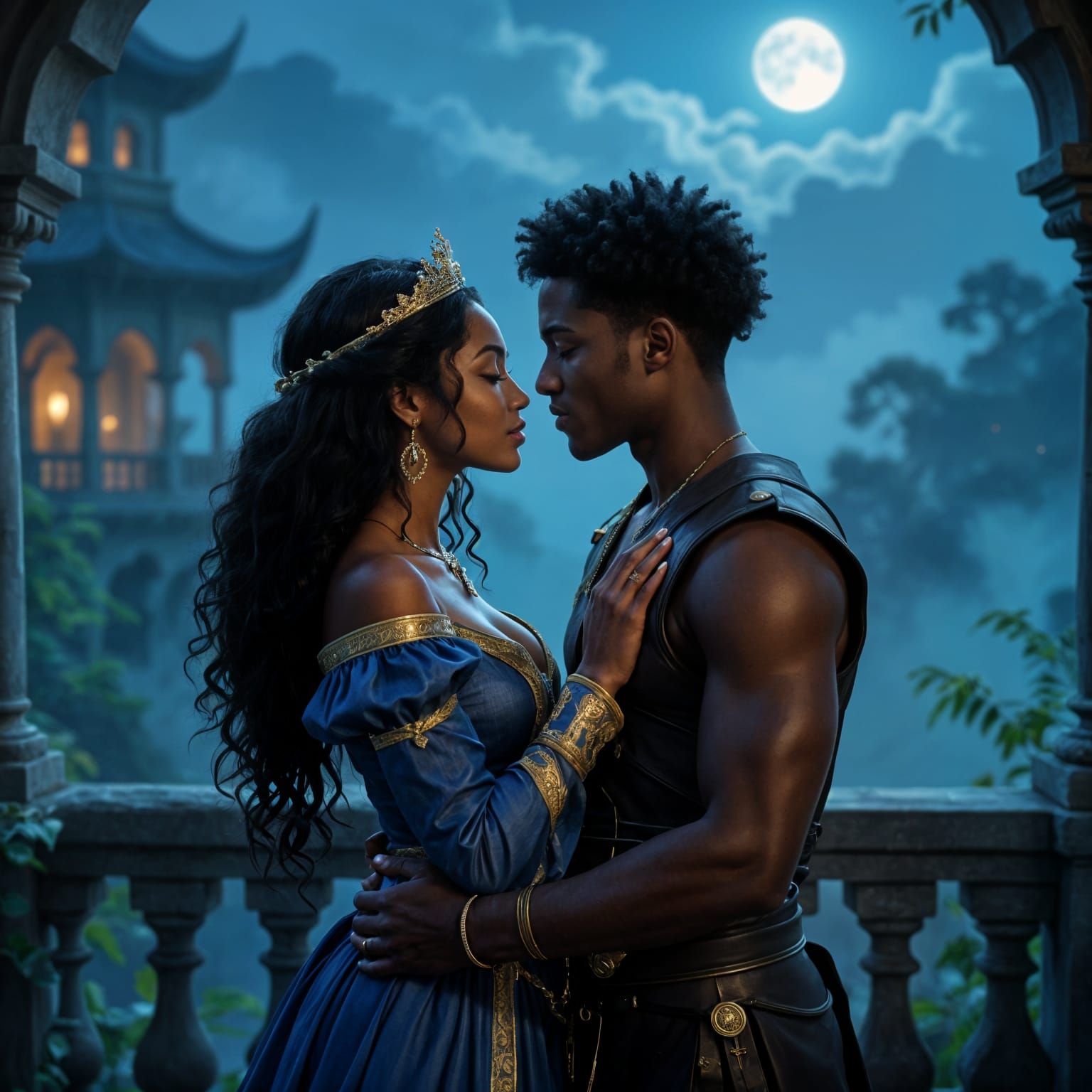 Couple's Tender Kiss on a Magical Palace Balcony