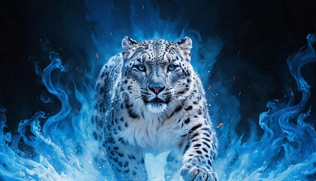 Snow Leopard Leaping Over Blue Flames